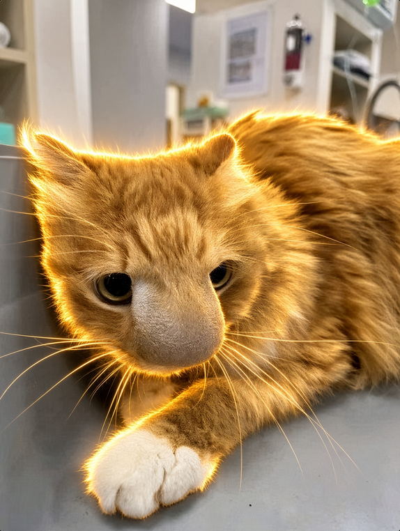 A fluffy orange cat with a dramatically swollen nose